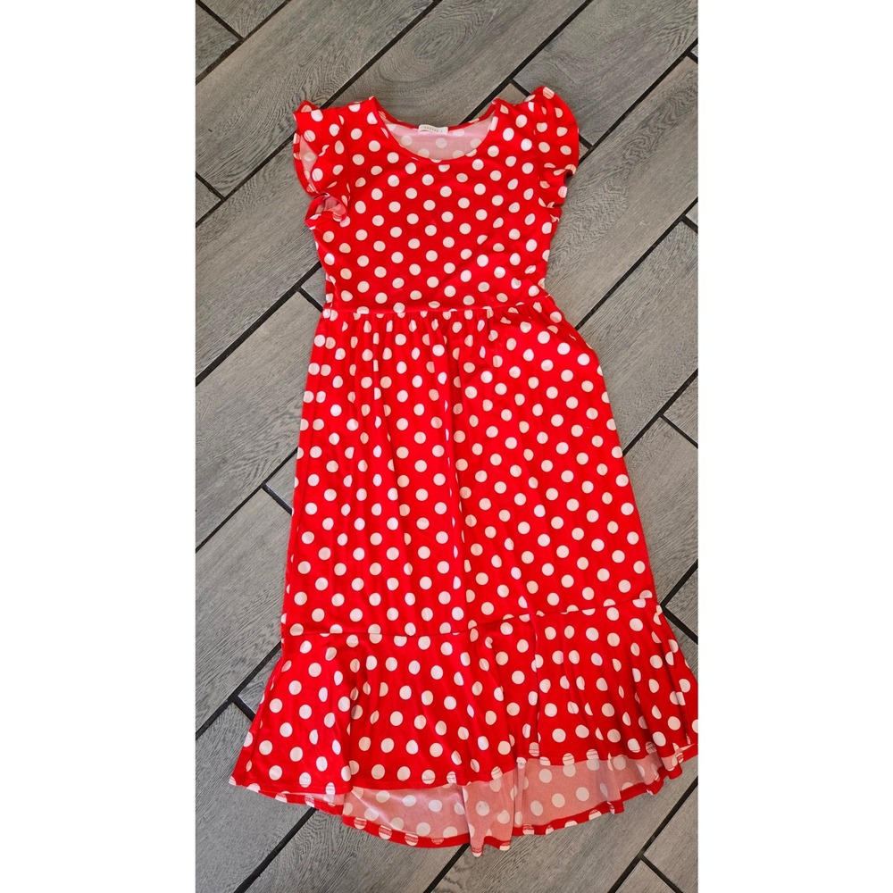 Reborn J Red Polka Dot Flutter Sleeve Tiered Ruffle Midi Dress Medium